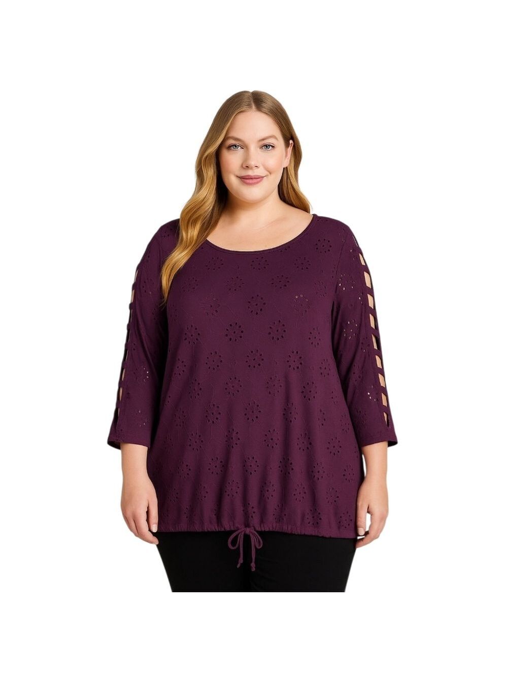 PerSeption Women Plum Eyelet Ladder-Sleeve Top 3X